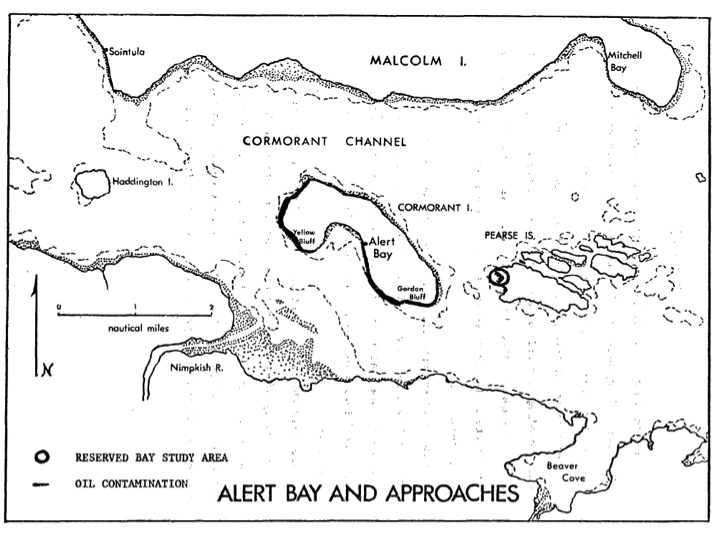 Map of oil spill on beaches of Cormorant Island, 1973. Source: D.R. Green, C. Bawden, W.J. Cretney, and C.S. Wong, The Alert Bay Oil Spill: A One-Year Study of the Recovery of a Contaminated Bay (Victoria: Environment Canada, 1974)